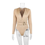 Women's Bodysuit with Deep V-Neck and Slim Belt