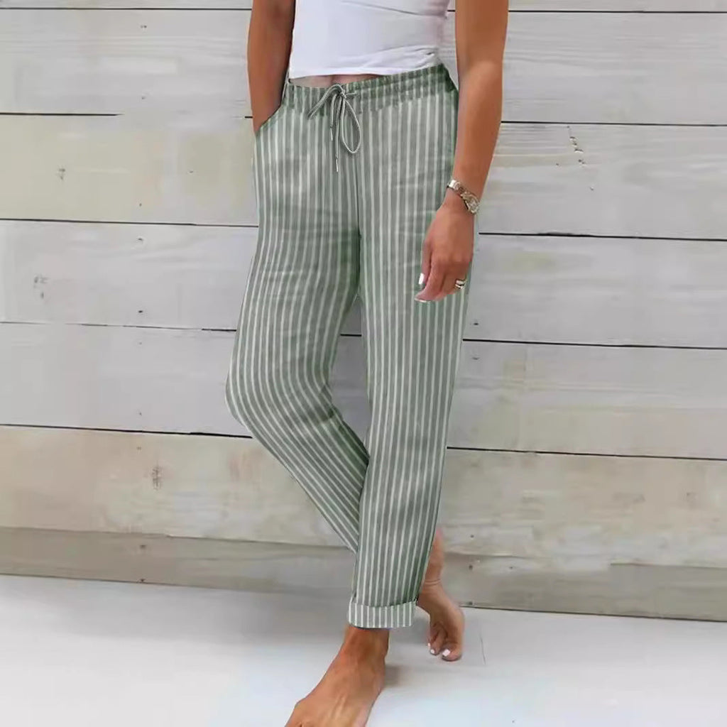 Women's Relaxed Cotton Striped Trousers with Adjustable Waist