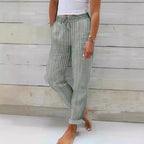 Women's Relaxed Cotton Striped Trousers with Adjustable Waist