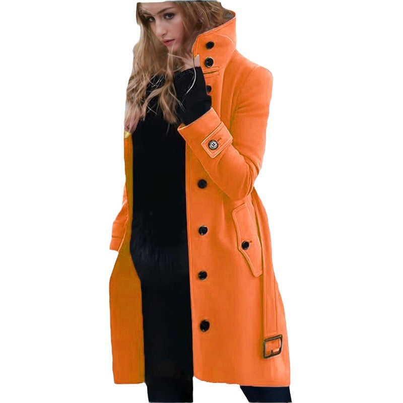 Elegant Trench Coat with High Collar and Double-Breasted Button Placket