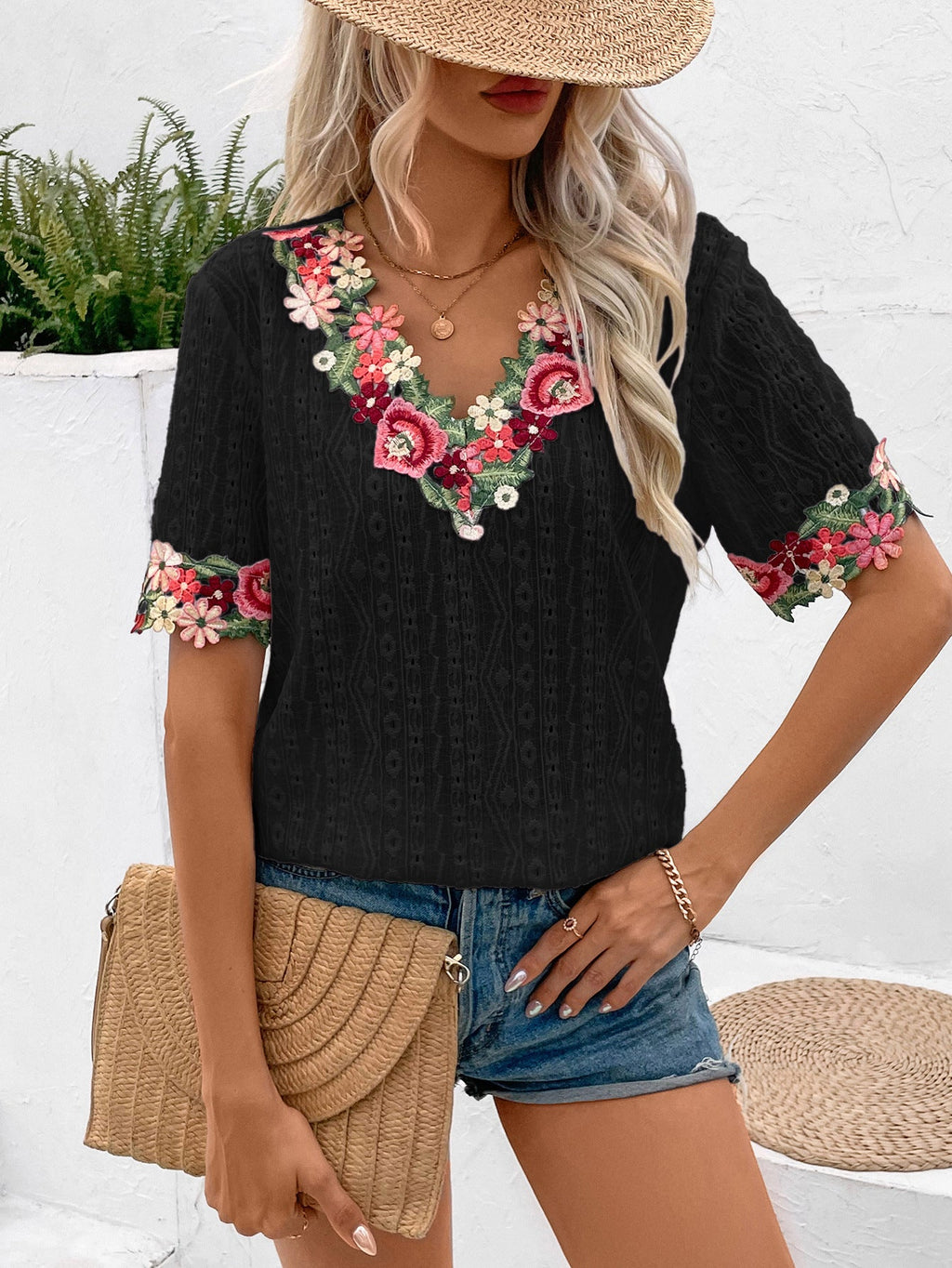 Women's Blouse with Floral Embroidery and Airy Sleeves
