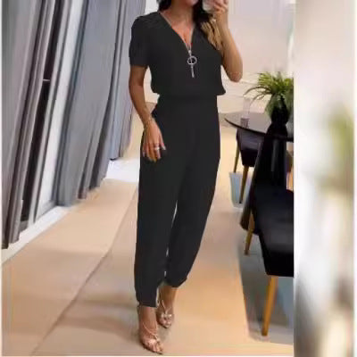 Women's Jumpsuit with V-Neck and Elastic Waist