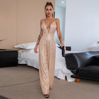 Women's Glittering Jumpsuit with Deep V-Neck and Wide Leg