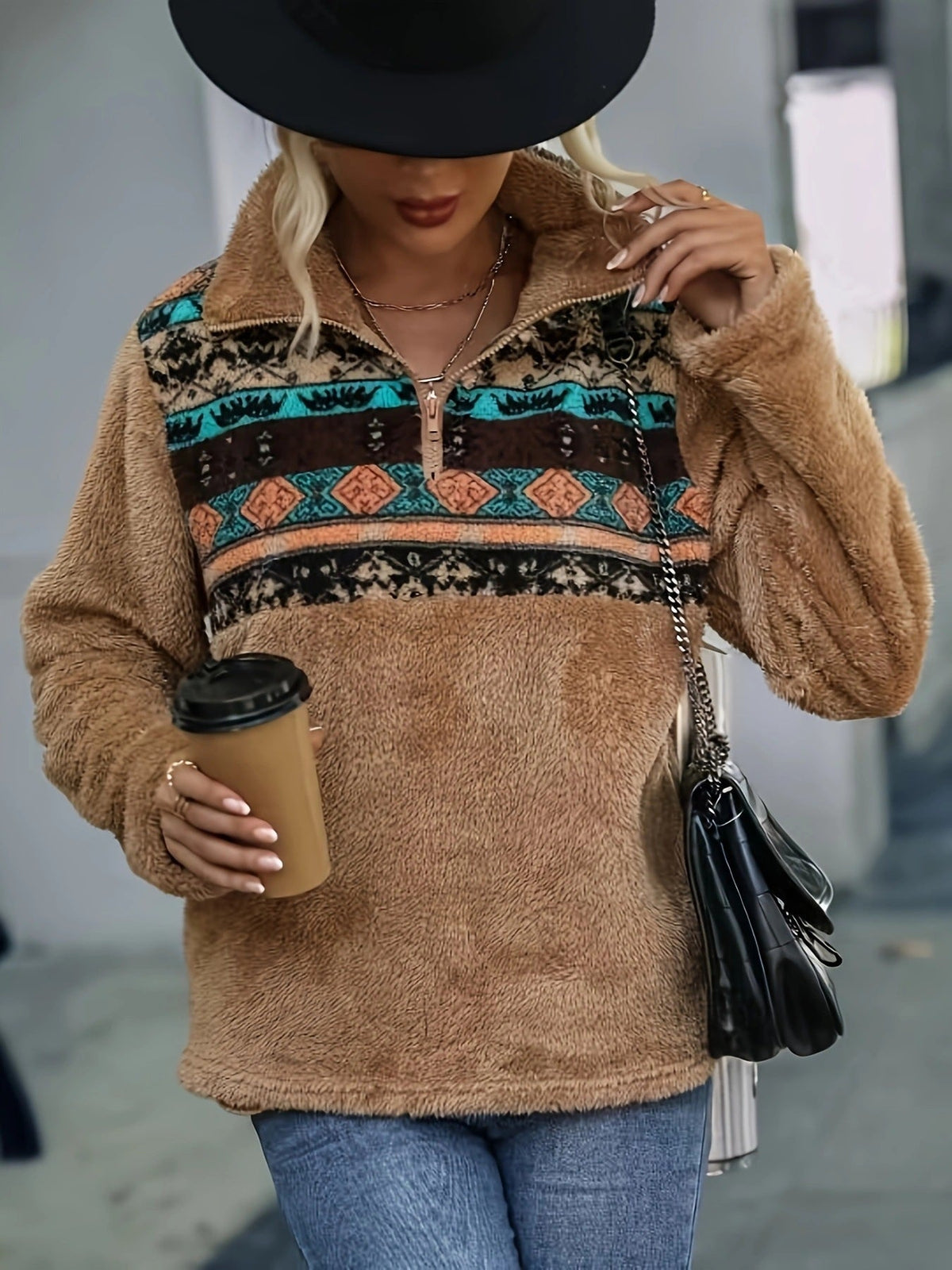 Women's Fleece Pullover with Zipper and Pattern