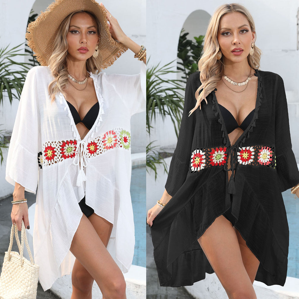Women's Elegant Beach Cover-Up with Floral Crochet Pattern