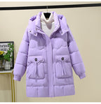 Women's Long Puffer Jacket with Practical Hooded Collar and Large Pockets