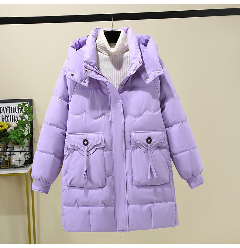 Women's Long Puffer Jacket with Practical Hooded Collar and Large Pockets