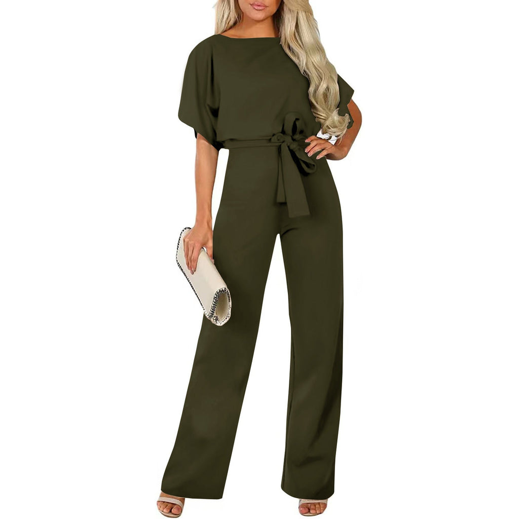 Long Jumpsuit with Tie Belt and Cap Sleeves