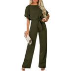 Long Jumpsuit with Tie Belt and Cap Sleeves