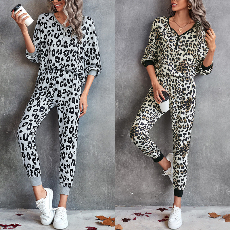 Women's Leopard Print Jogging Suit with Wide Waistband
