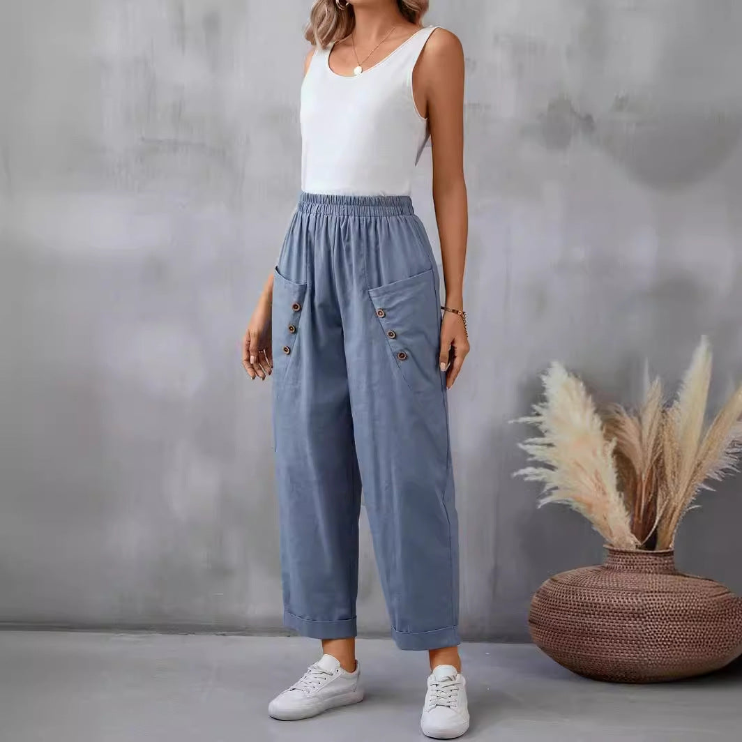 Women's Elegant Casual Pants with Button Details