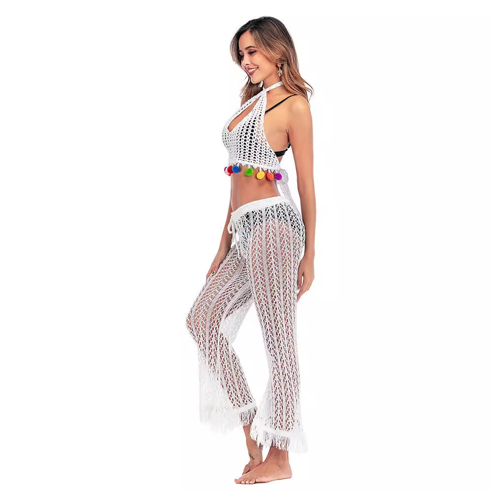 Crochet Knit Pants with Frayed Hems