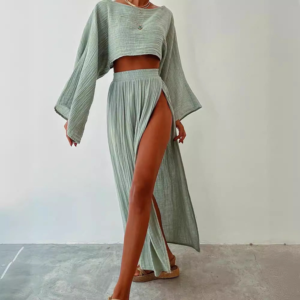 Women's Casual Two-Piece Set with Cropped Top and Maxi Skirt