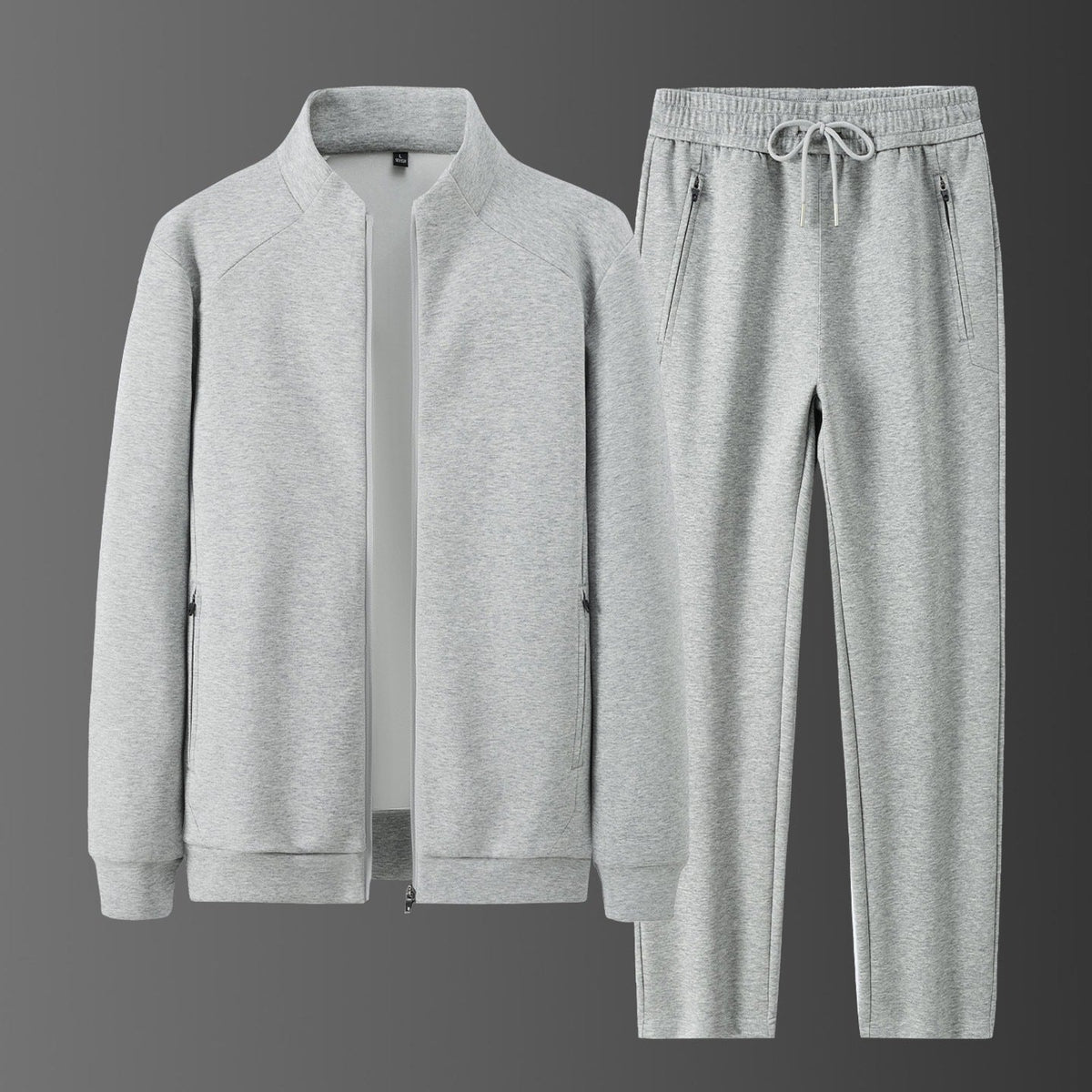 Men's two-piece minimalist jogging set with stand-up collar, two-way zipper & zip pockets