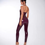 Women's Bodycon Jumpsuit in Glossy Material with Deep V-Neck