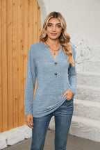 Women's Long-Sleeve Shirt with Button Placket and V-Neck
