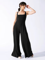 Elegant Jersey Jumpsuit with Wide Legs and Deep Neckline