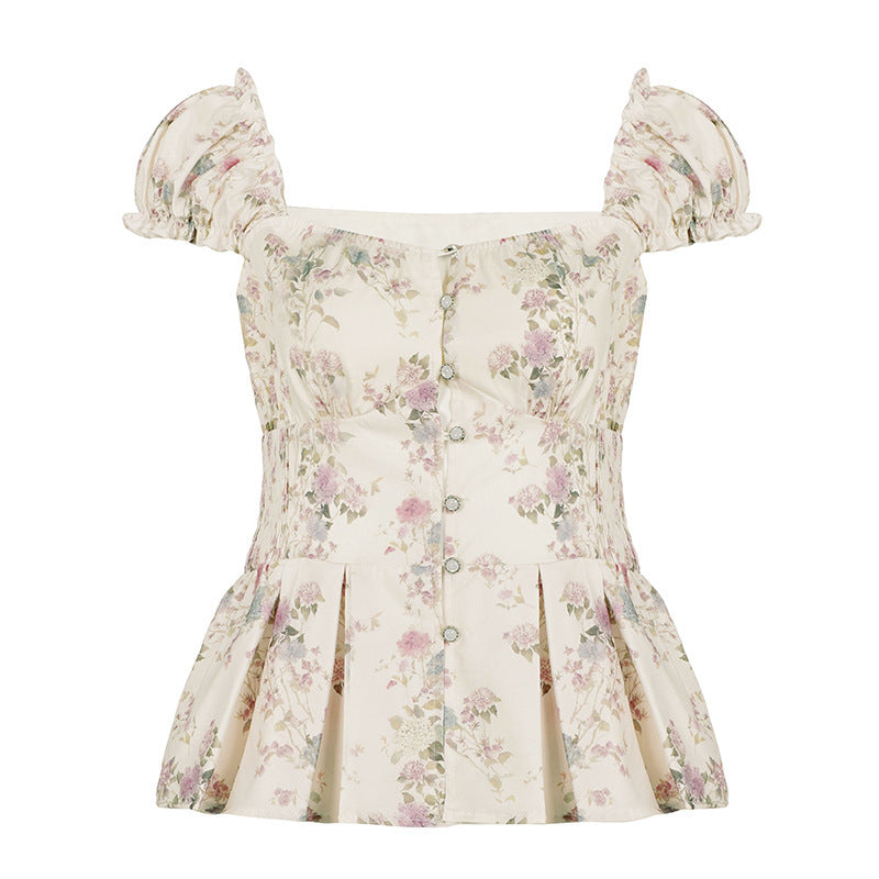 Women's Blouse with Floral Design and Ruffled Sleeves