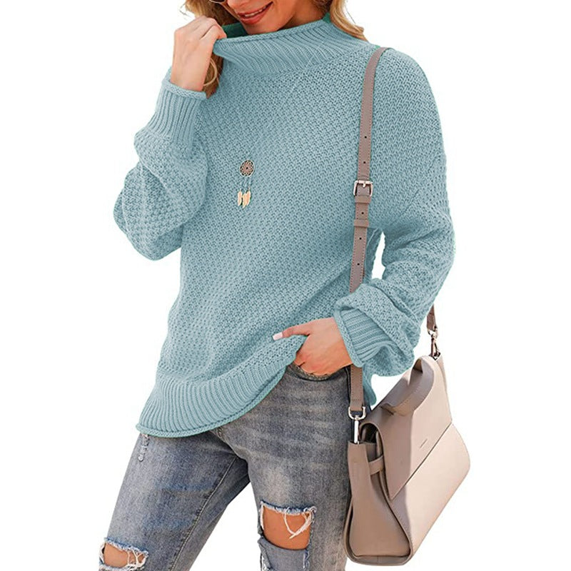 Women's Chunky Knit Sweater with High Collar and Textured Surface