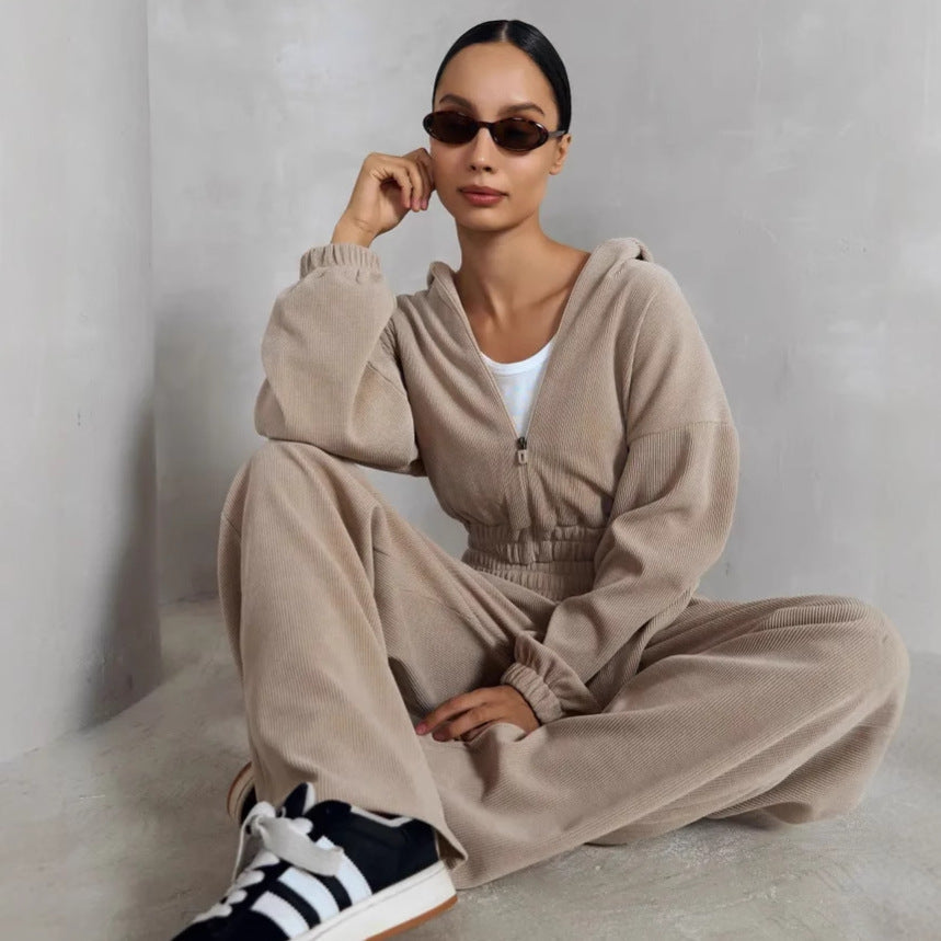 Women's Casual Sweat Set with Elastic Waistband and Modern Zipper