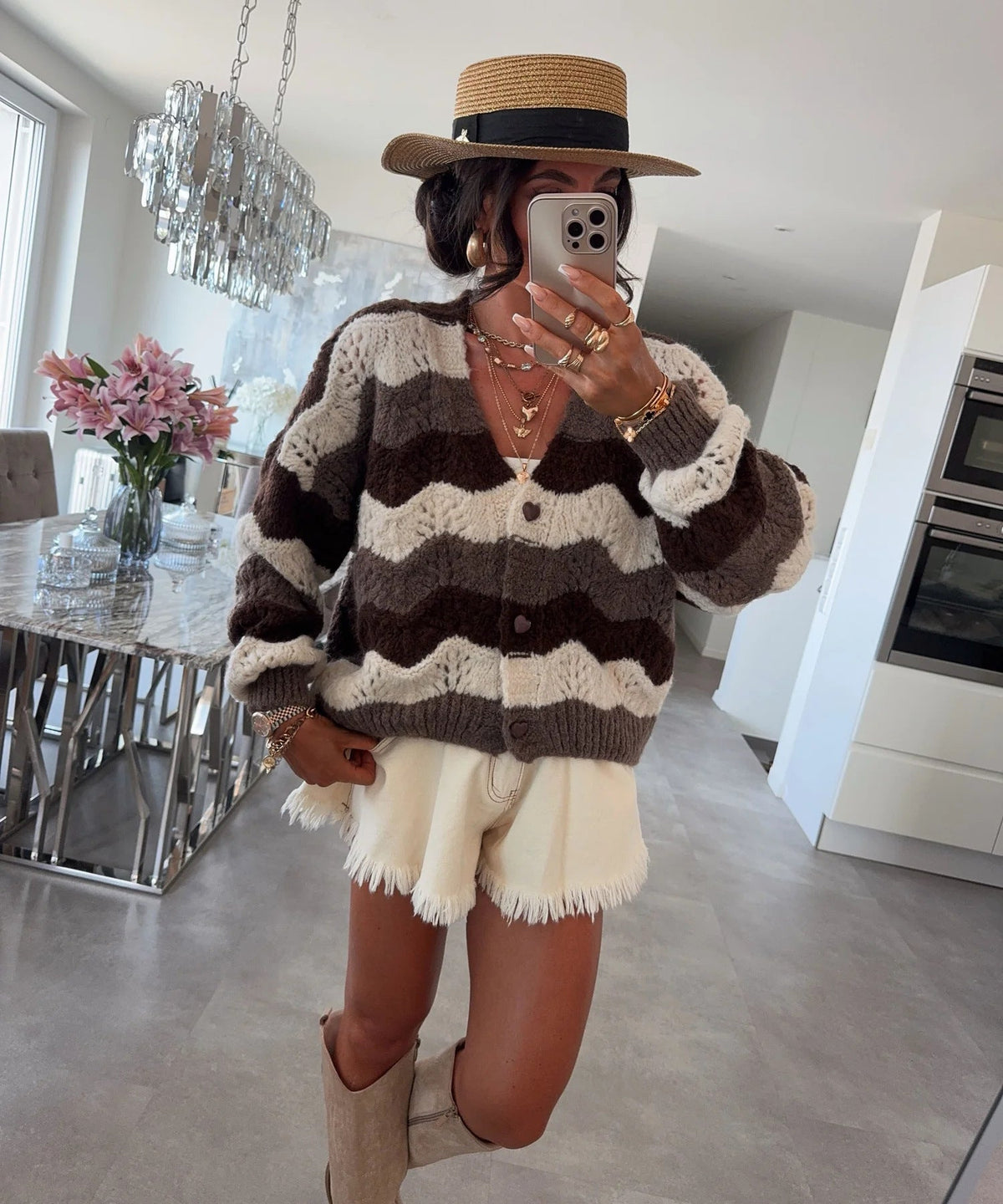 Women's Cozy Knit Cardigan with Wave Pattern
