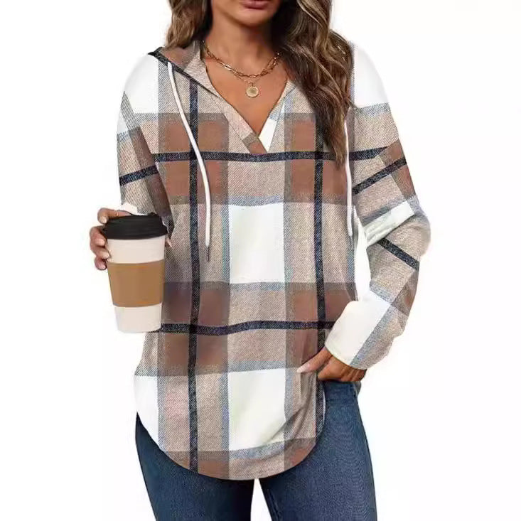 Casual Plaid Blouse with Hood