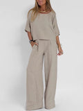 Women's Casual Linen Suit Set with Wide-Leg Pants and Cropped Top