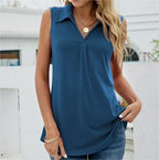 Sleeveless Blouse Top with Collar and V-Neck
