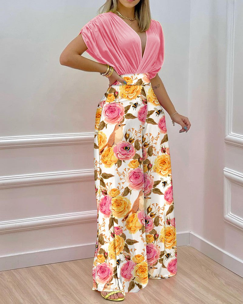 Women's Blouse Set with Wide-Leg Pants and Floral Print