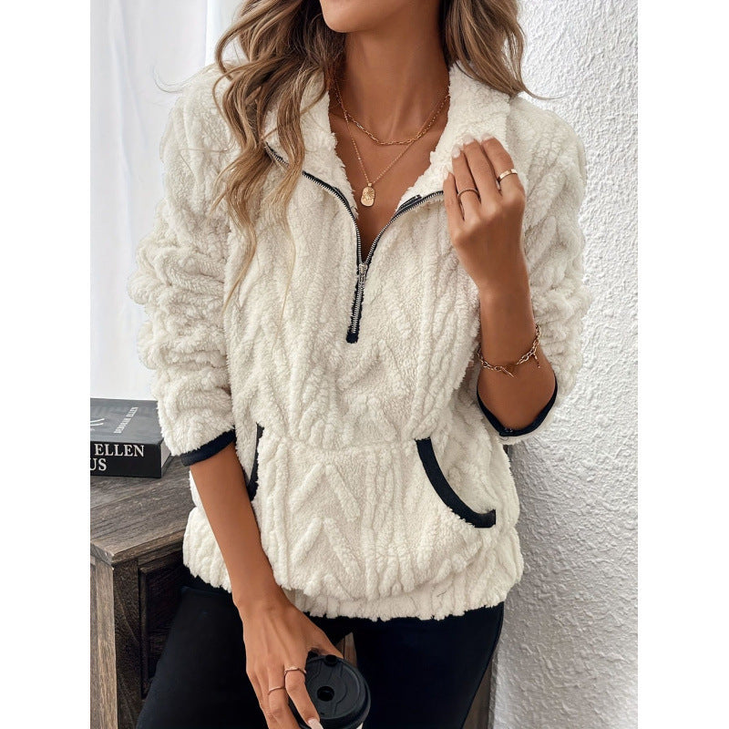Women's Fluffy Teddy Sweater with Half-Zipper