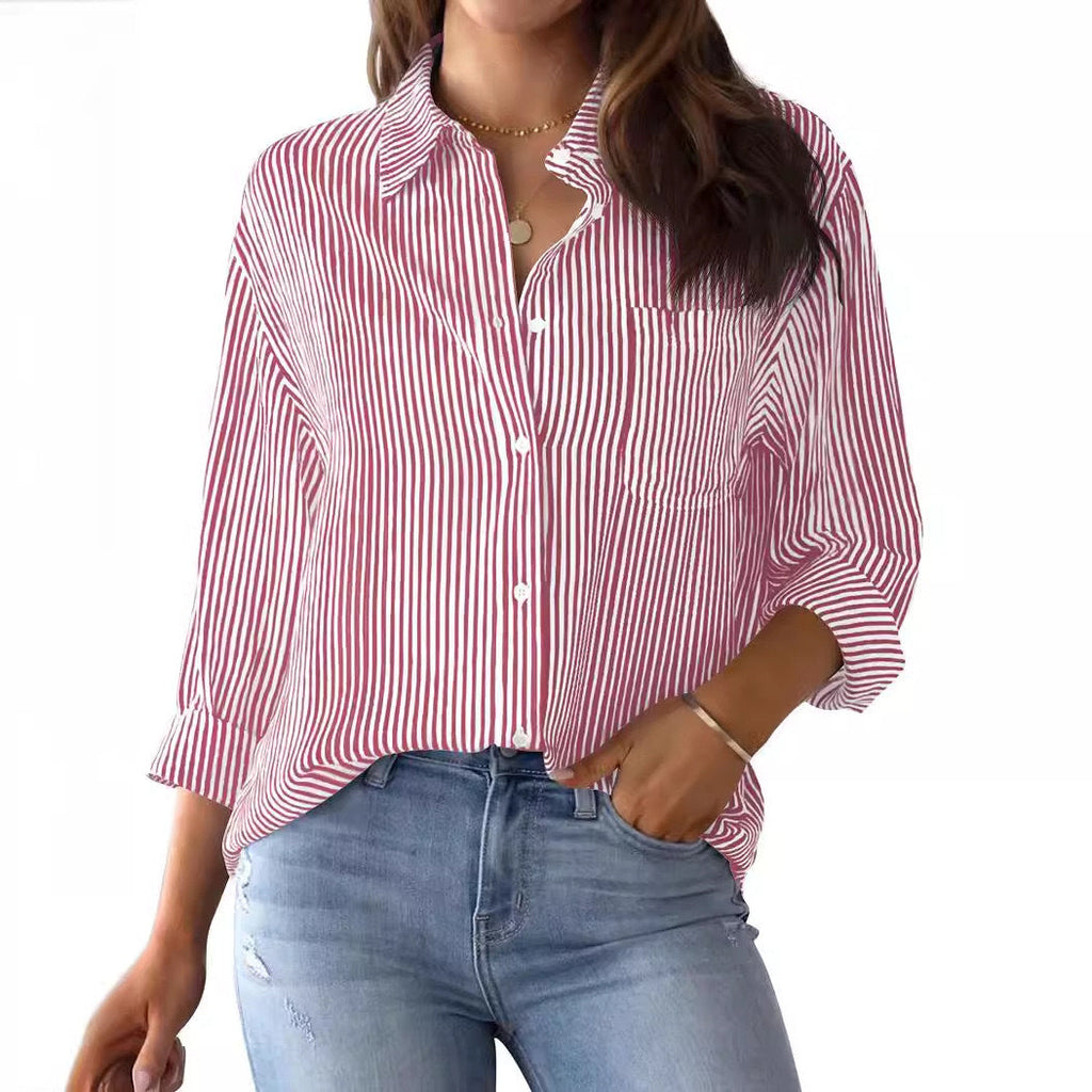 Women's Loose Striped Shirt with Chest Pocket and Roll-Up Sleeves