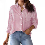 Women's Loose Striped Shirt with Chest Pocket and Roll-Up Sleeves