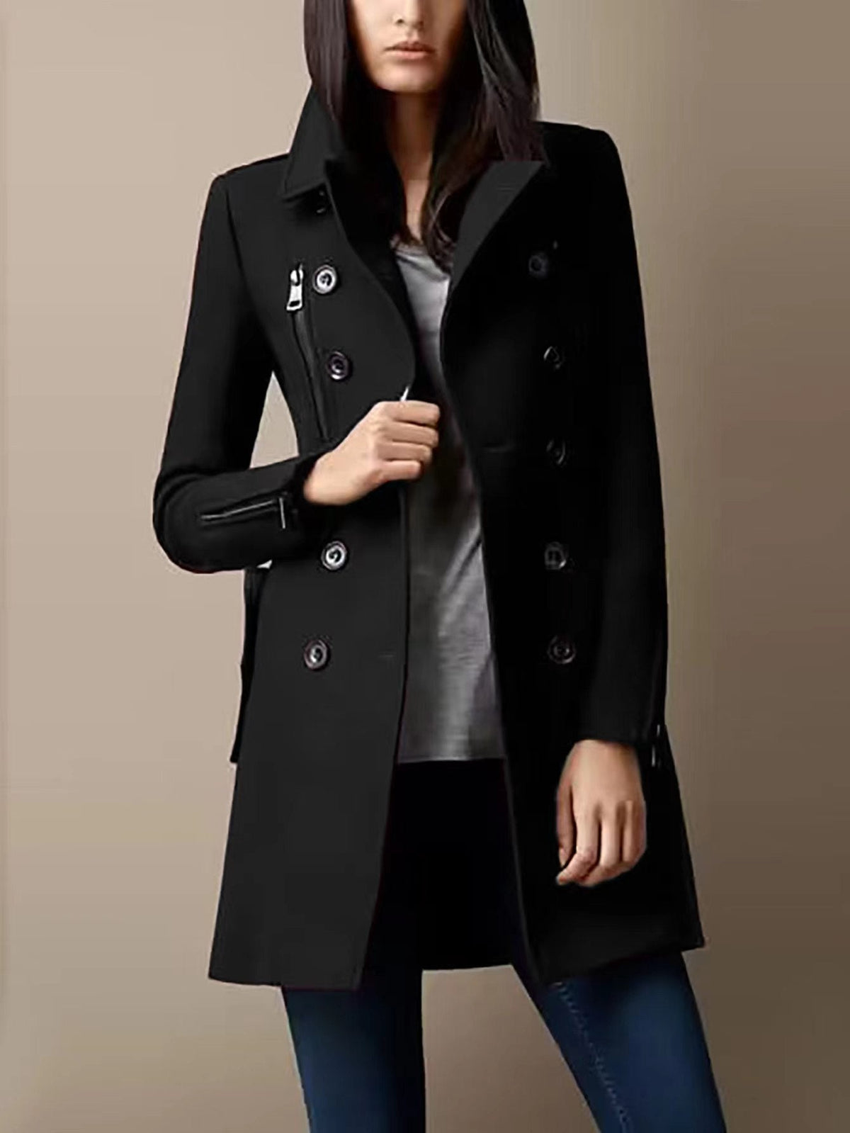 Women's Fashionable Short Coat with Double-Breasted Button Placket and Side Zippers