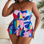 Women's Bandeau Swimsuit with Flowing Skirt and Vivid Pattern