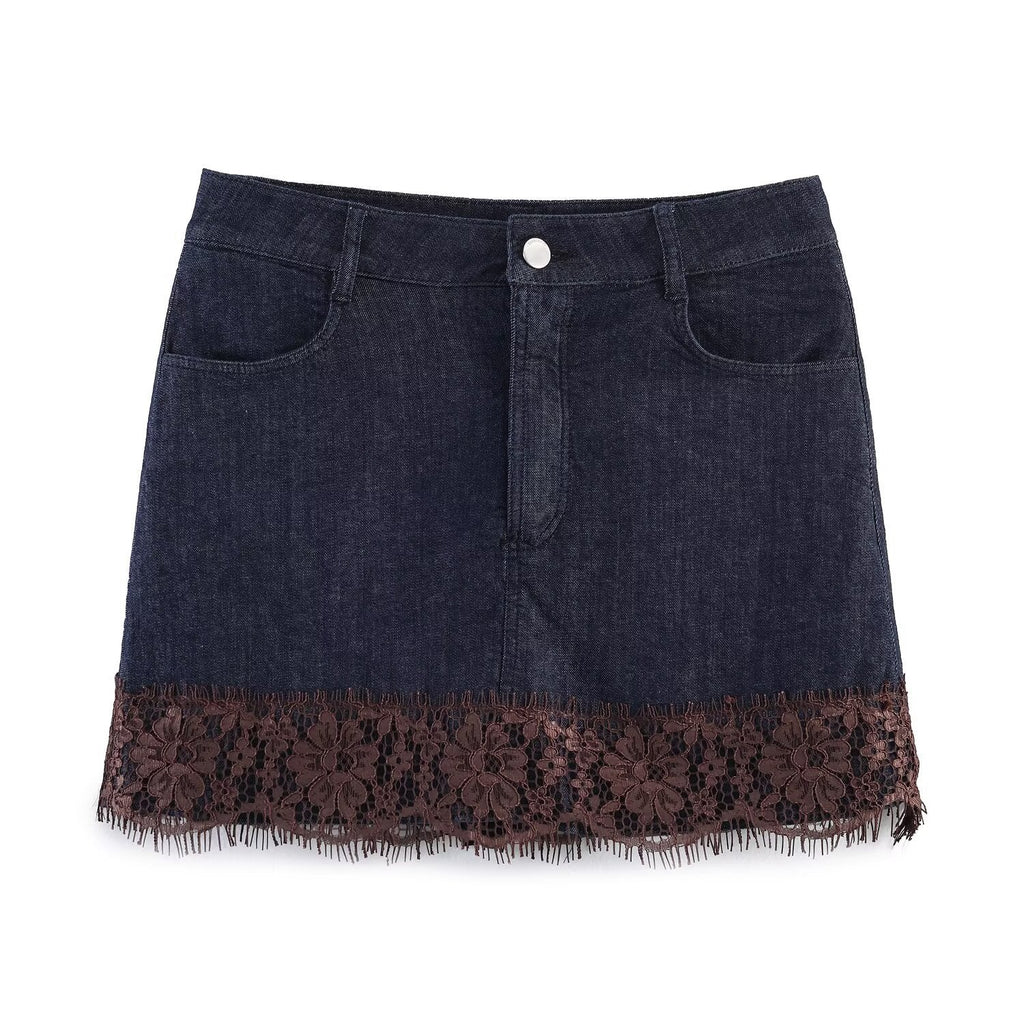 Women's Denim Skirt with Elegant Lace and Button Details
