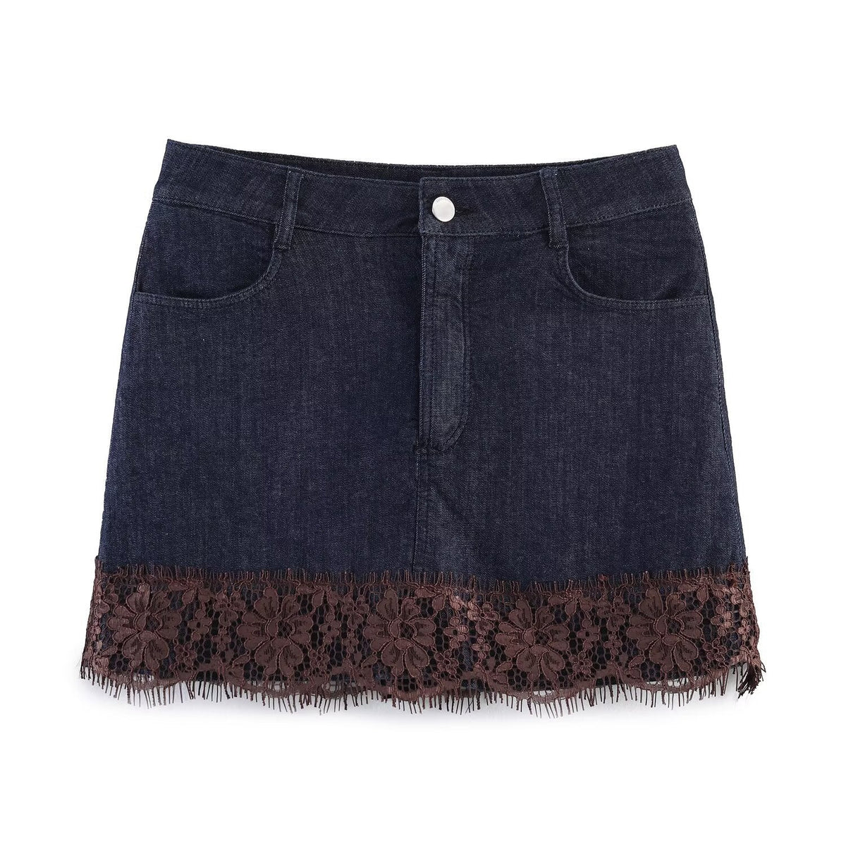 Women's Denim Skirt with Elegant Lace and Button Details