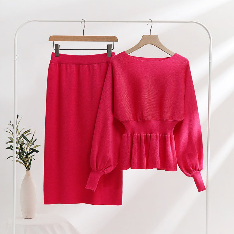 Elegant Knit Ensemble with Ruching and Balloon Sleeves