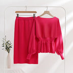 Elegant Knit Ensemble with Ruching and Balloon Sleeves