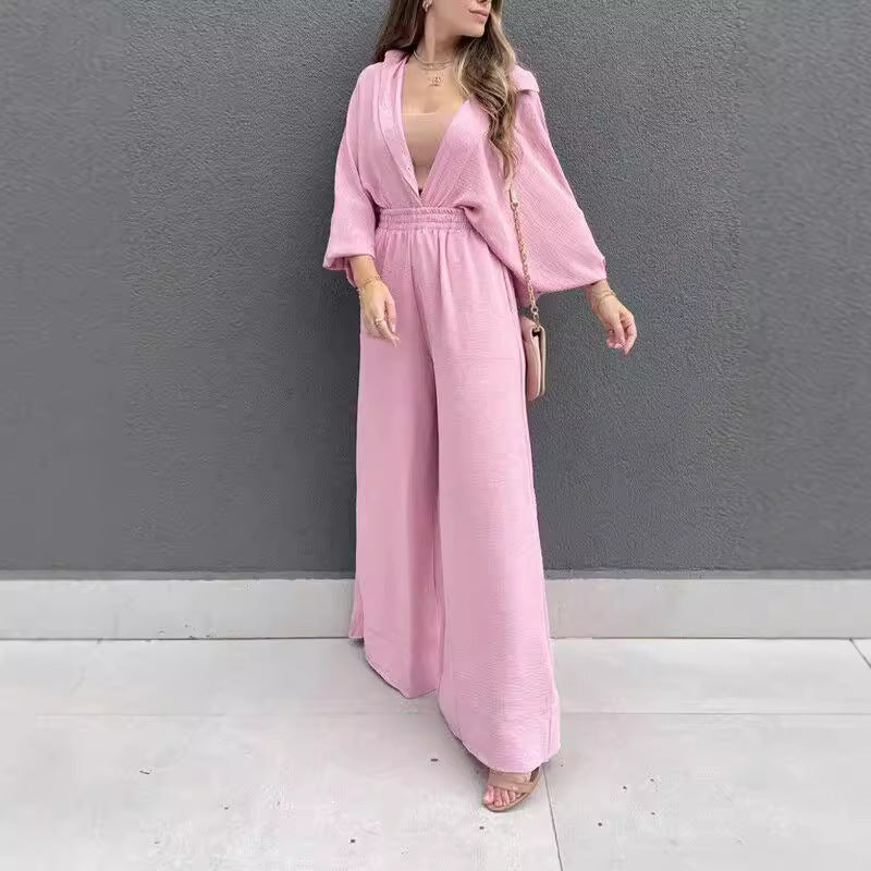 Women's Casual Two-Piece Set with Airy Blouse and Wide-Leg Pants