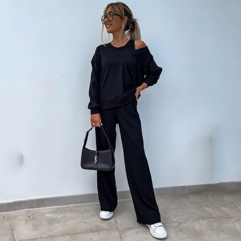 Women's Elegant Ribbed Knit Two-Piece Lounge Set with One-Shoulder Cut and Wide Palazzo Trousers