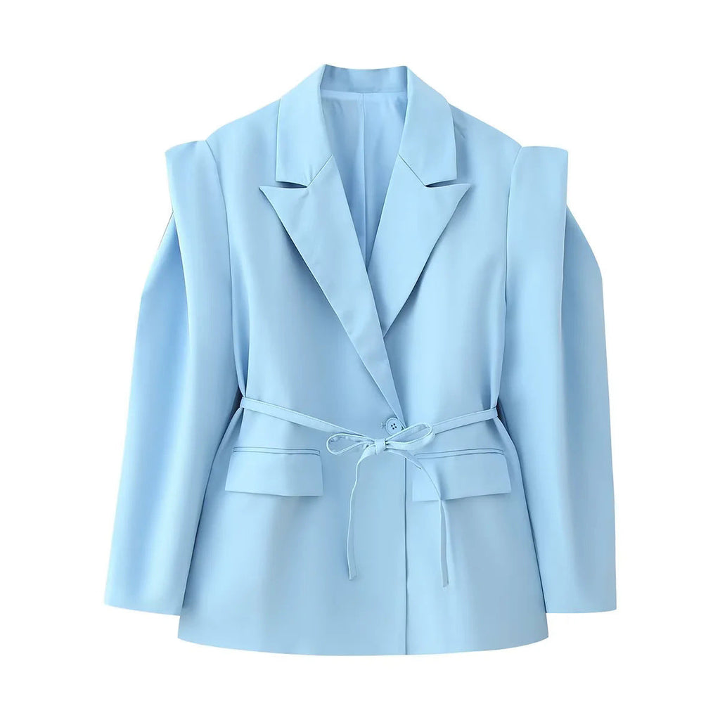 Women's Elegant Oversized Blazer Jacket with Belt and Shoulder Pads
