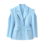 Women's Elegant Oversized Blazer Jacket with Belt and Shoulder Pads
