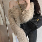 Women's Cropped Pullover with Fluffy Texture and Off-Shoulder Design