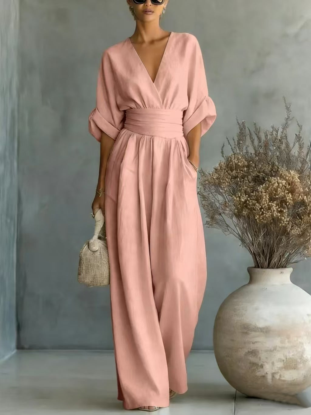 Women's Jumpsuit with Elegant V-Neck and Wide Leg