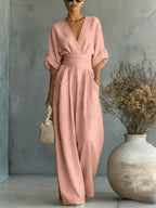 Women's Jumpsuit with Elegant V-Neck and Wide Leg