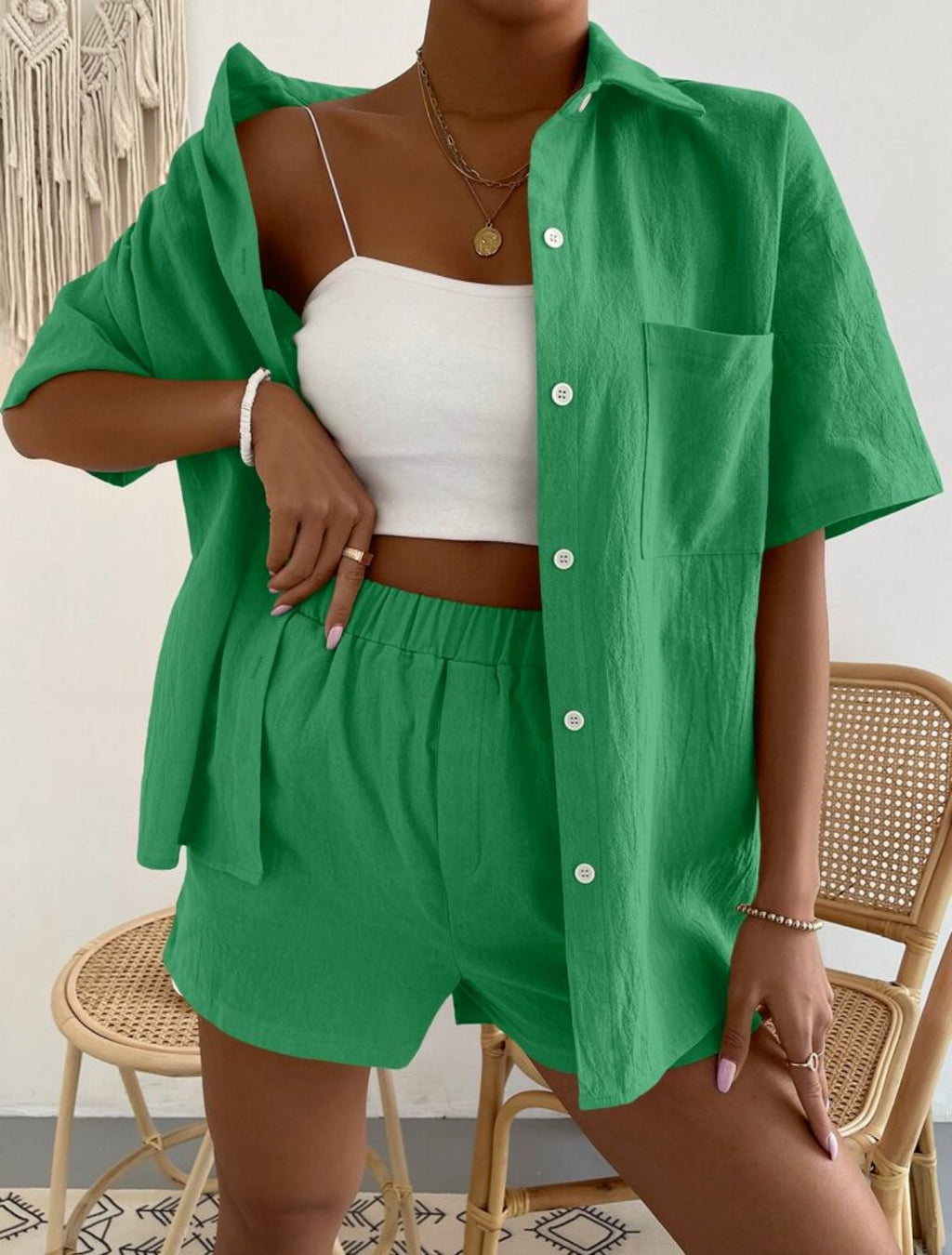 Women's Lightweight Linen Loungewear Set with Chest Pocket