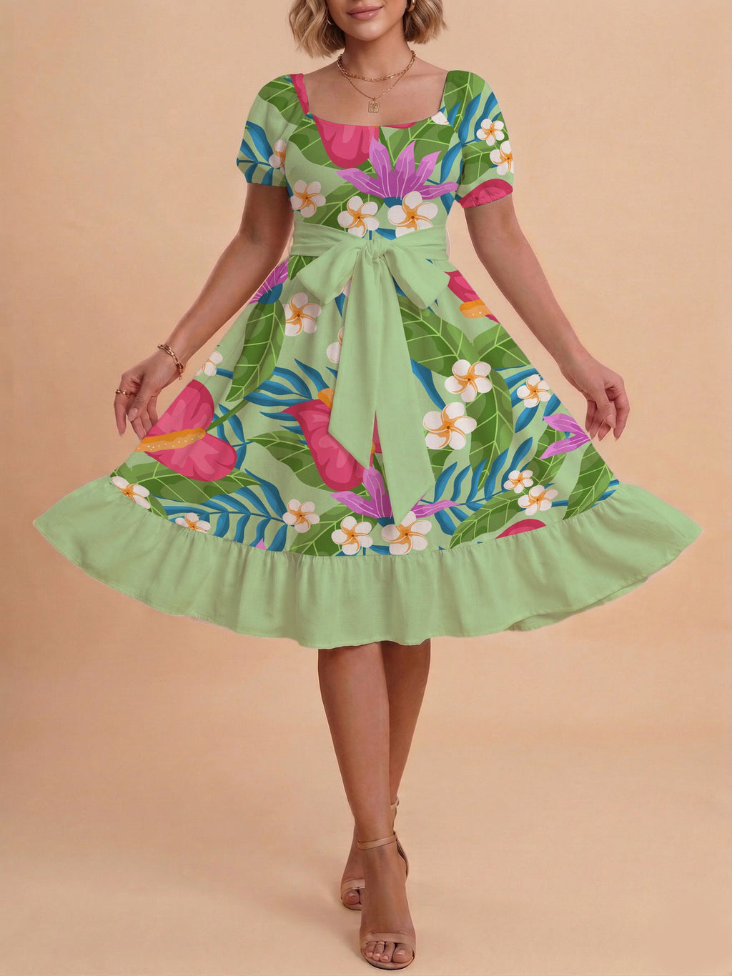 Women's A-Line Dress with Floral Motifs and Adjustable Belt