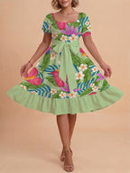 Women's A-Line Dress with Floral Motifs and Adjustable Belt