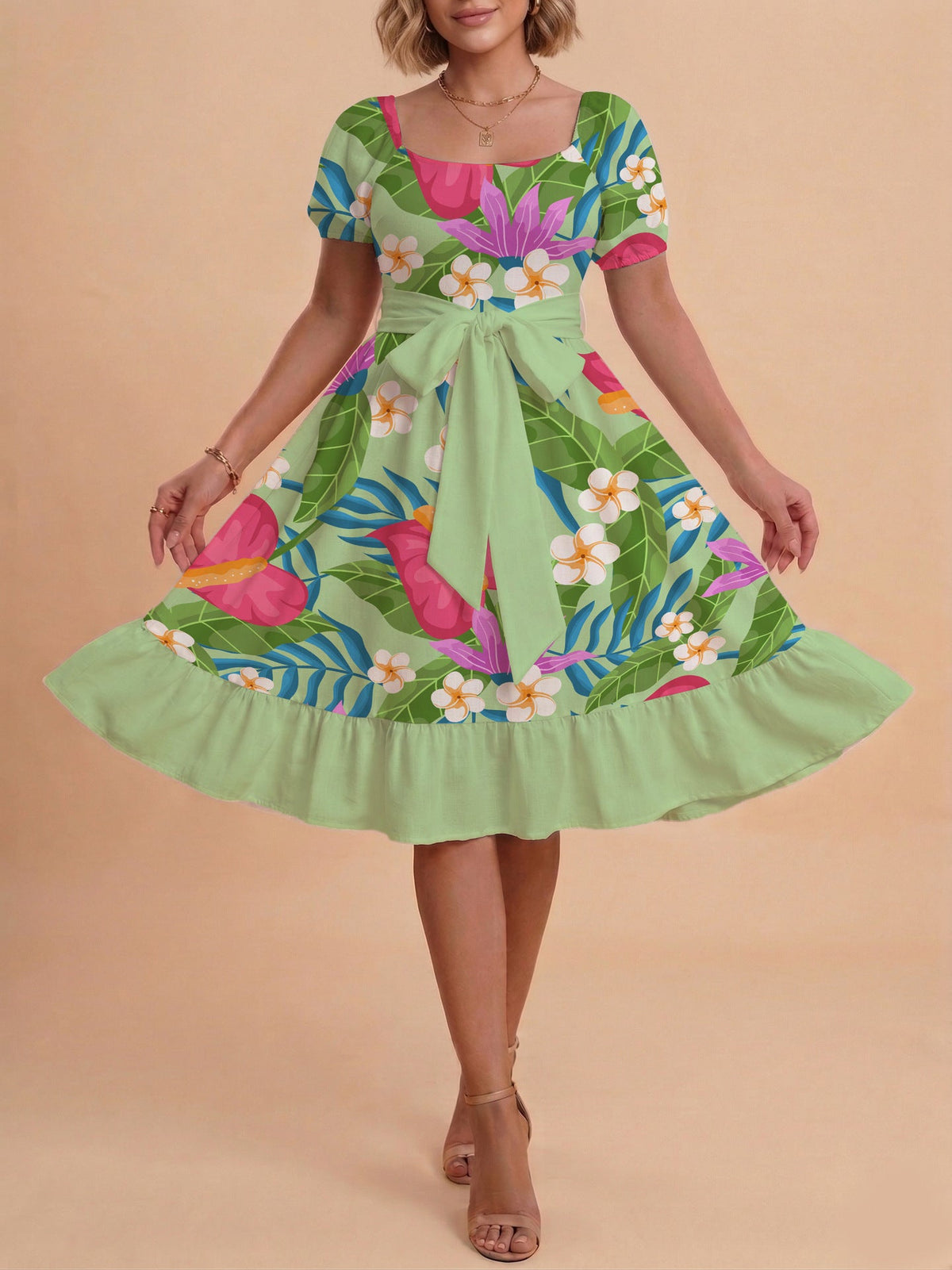 Women's A-Line Dress with Floral Motifs and Adjustable Belt