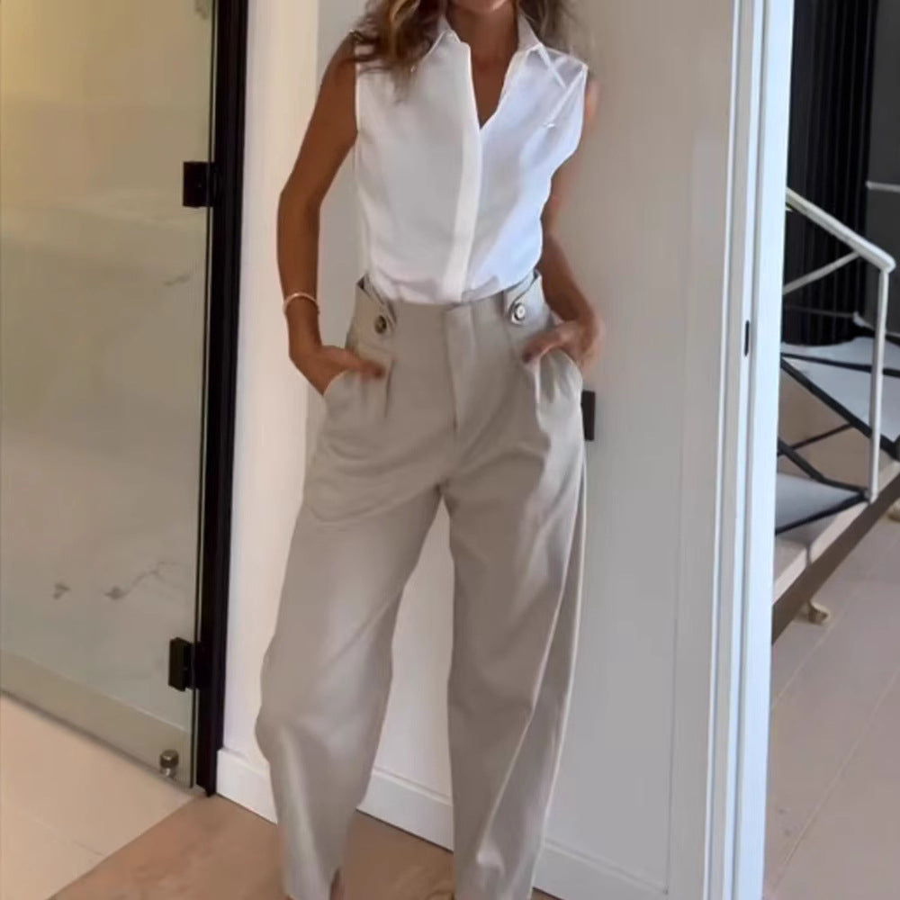 Women's Elegant High-Waisted Fabric Trousers with Pockets